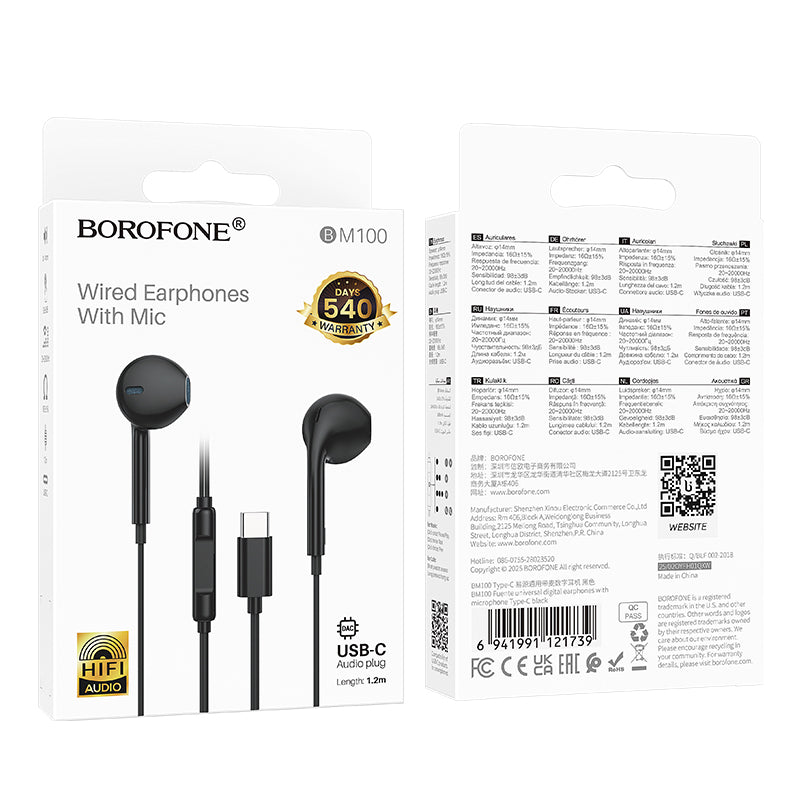 Borofone USB-C Digital Universal Earphones with Microphone, Comfortable Fit