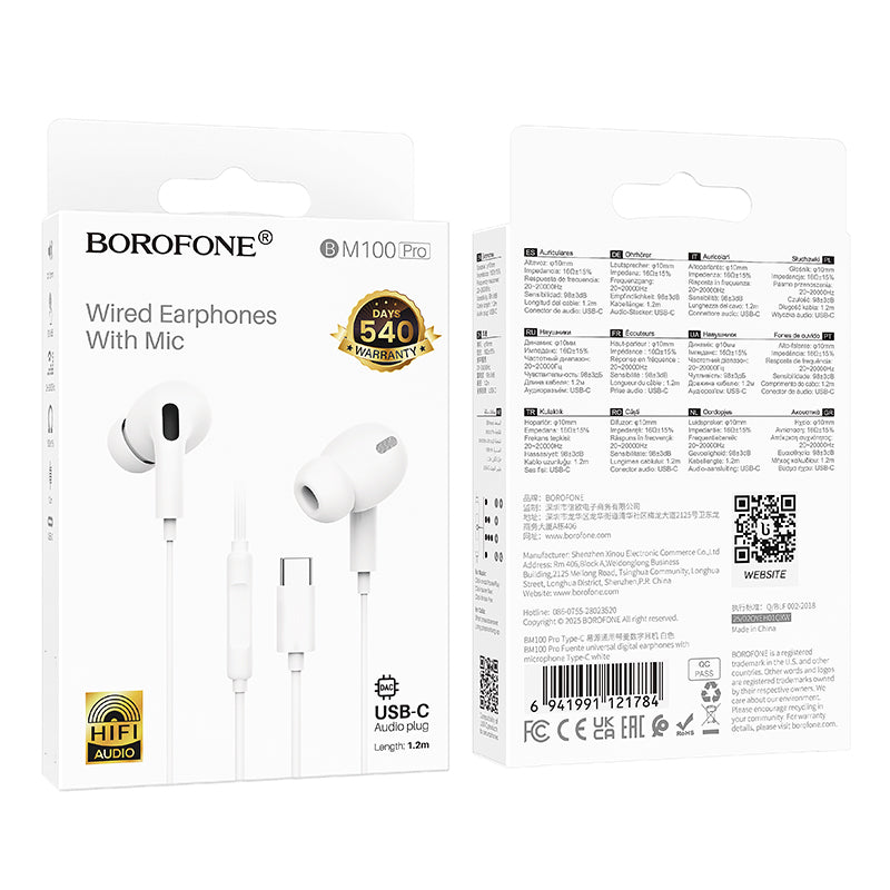 Borofone Pro USB-C Digital Universal Earphones with Microphone, Comfortable Fit