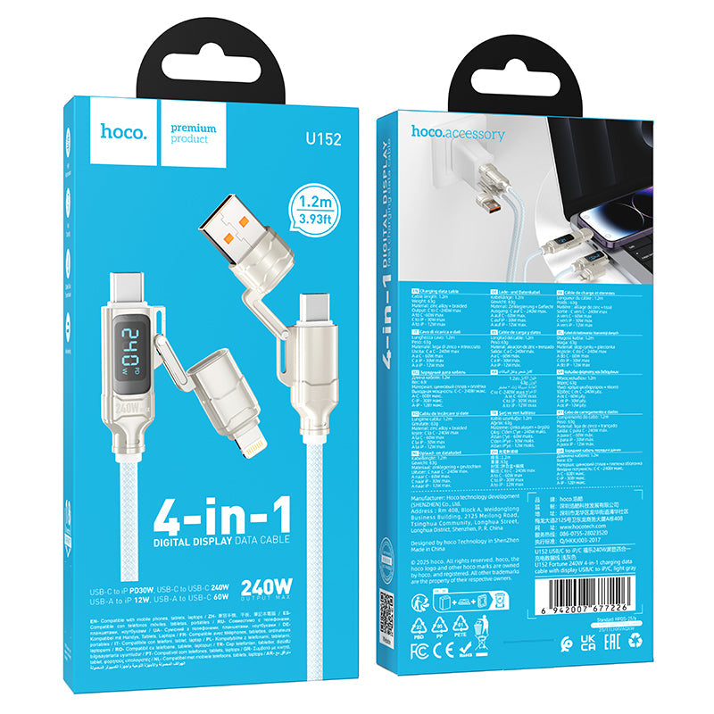 Hoco 240W 4-in-1 Fast Charging Cable with USB-C, Lightning and Digital Display