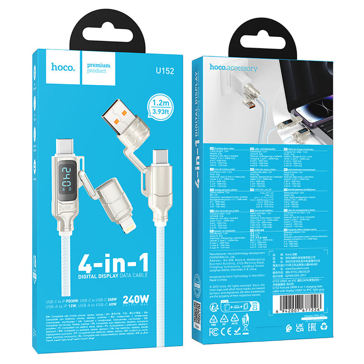 Hoco 240W 4-in-1 Fast Charging Cable with USB-C, Lightning and Digital Display
