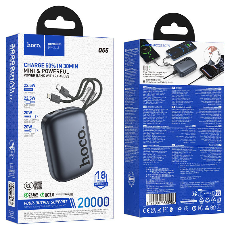 Hoco 20000mAh Power Bank with 2 Built-In Cables 22.5W PD20W Fast Charging Portable Charger