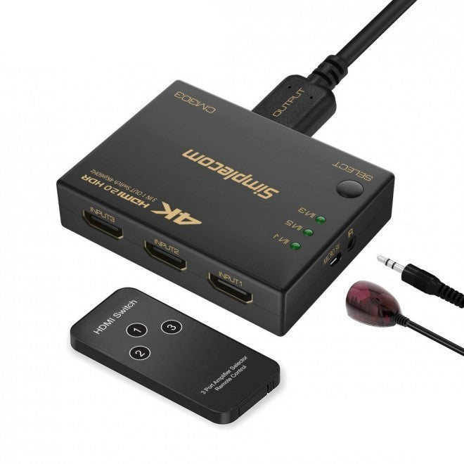 Simplecom 3 Way HDMI Switch 3 IN 1 OUT Splitter 4K@60Hz Ultra HD