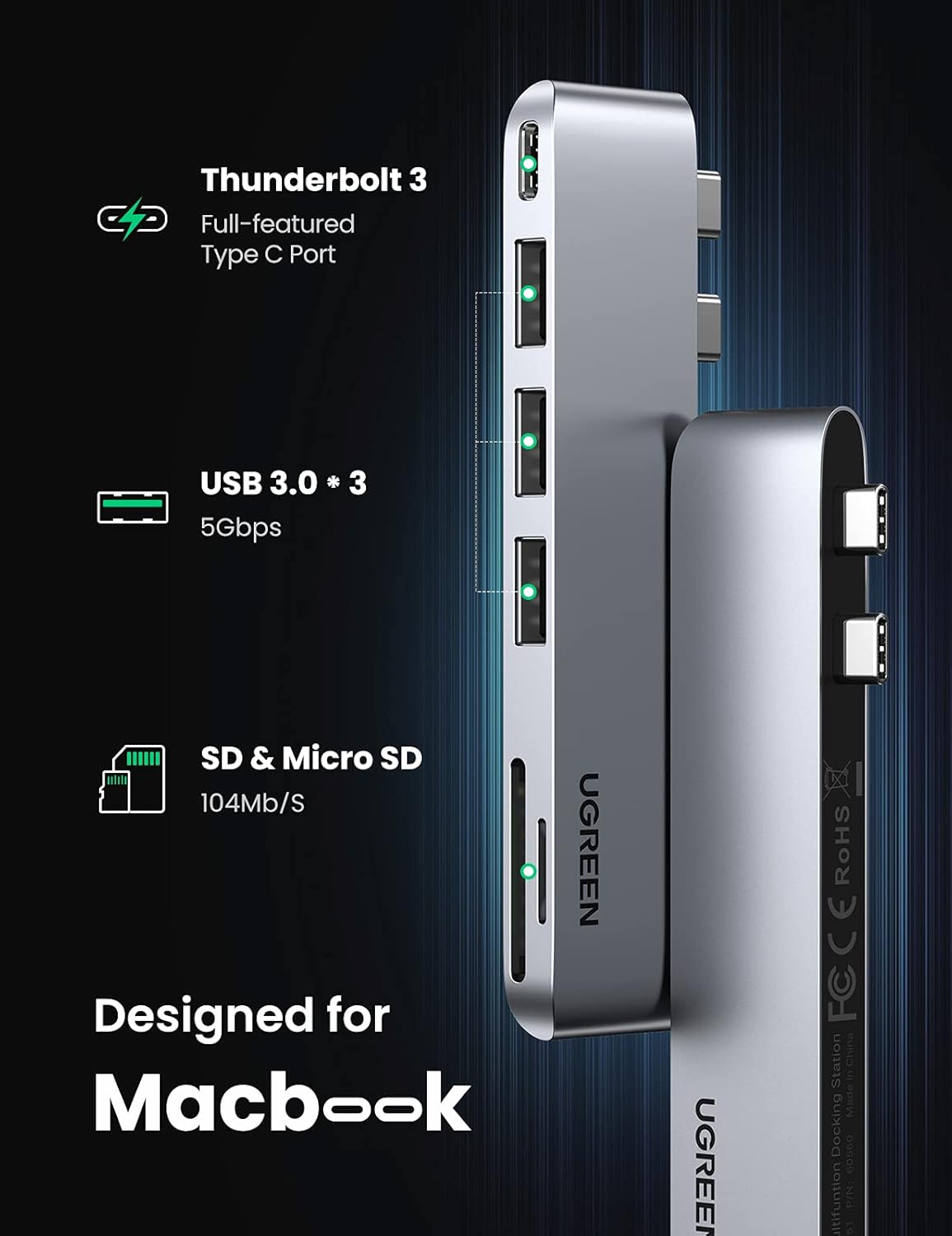 UGREEN Dual USB-C Hub USB 3.0 Thunderbolt 3.0 for Macbook Pro Air M1