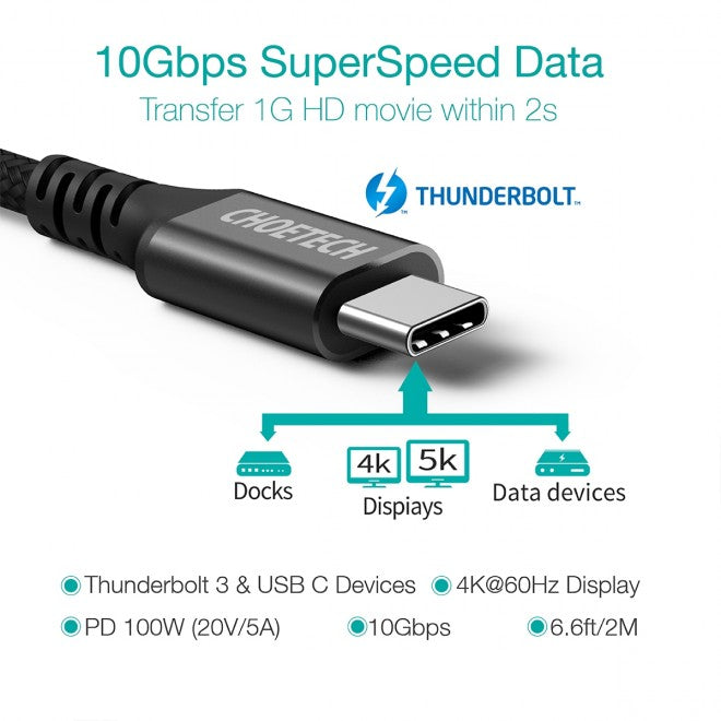 Choetech USB-C to USB-C 100W 10Gbps 4K Video Cable - 2M