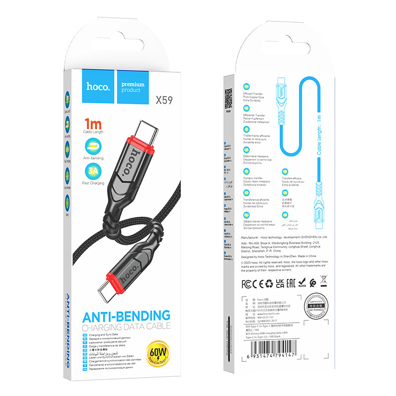 Hoco USB-C to USB-C 60W Fast Charging Cable Nylon Braided Data Sync X59