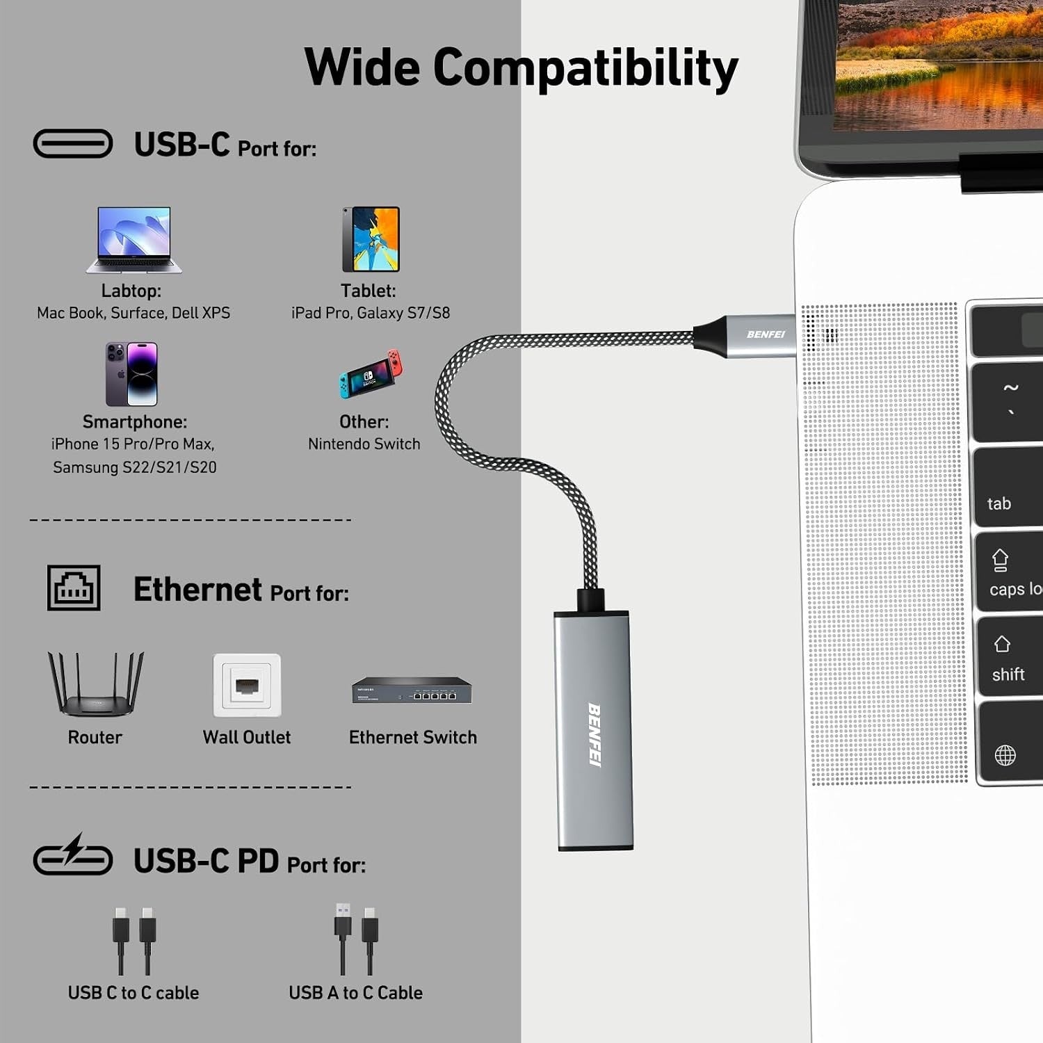 BENFEI USB-C to Gigabit Ethernet Adapter details