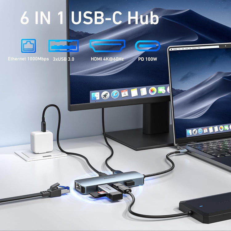 BENFEI 6-in-1 USB-C Hub with 4K HDMI, Gigabit Ethernet and 100W PD