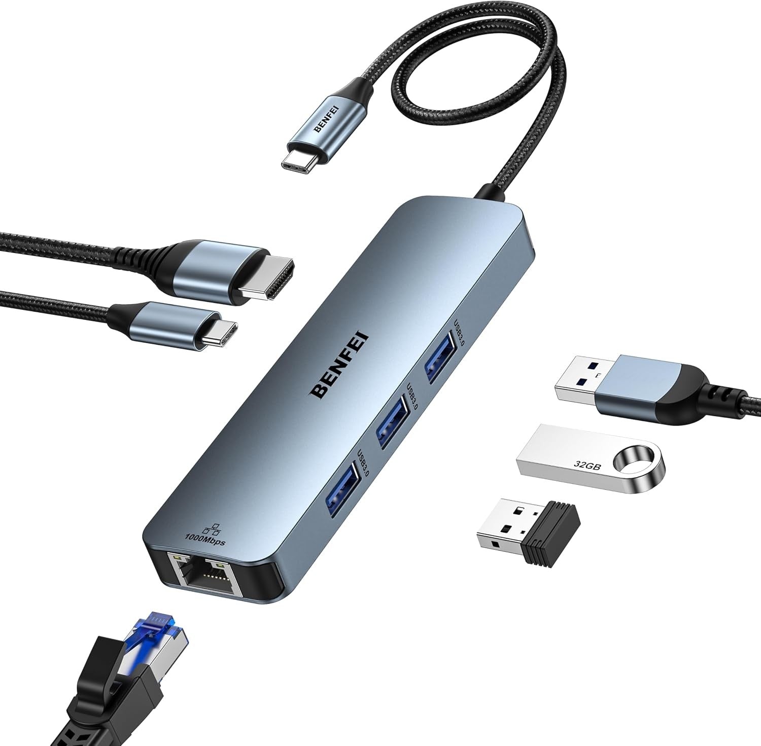 BENFEI 6-in-1 USB-C Hub with 4K HDMI, Gigabit Ethernet and 100W PD