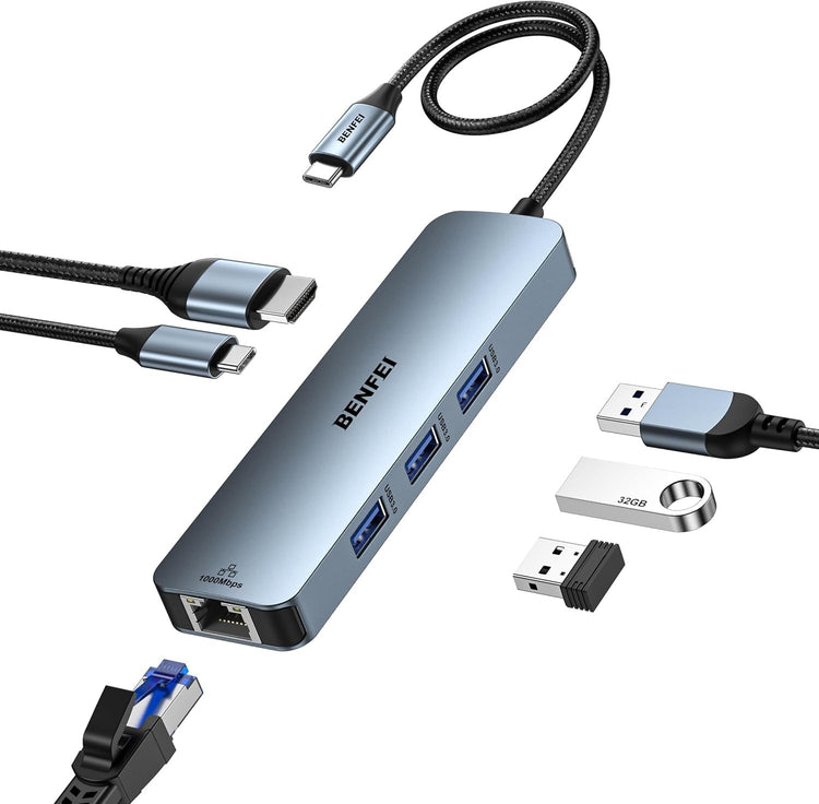 BENFEI 6-in-1 USB-C Hub with 4K HDMI, Gigabit Ethernet and 100W PD