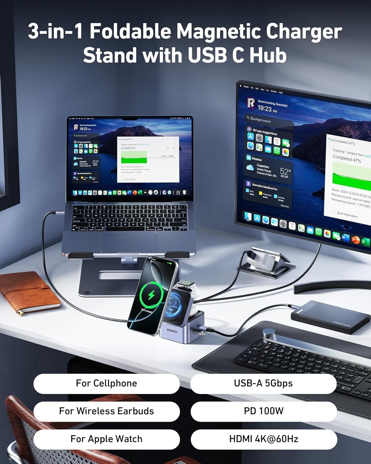 BENFEI 3-in-1 Foldable MagSafe Charging Station with USB-C Hub