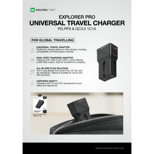 AMAZINGTHING Explorer Pro Universal Travel Adaptor 2 Port USB-C Fast Charge