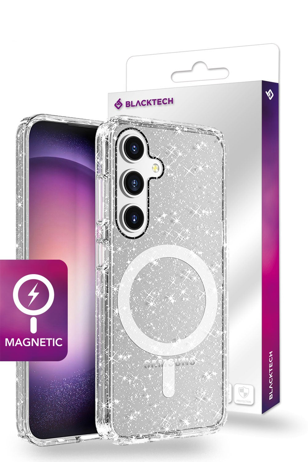 Blacktech Samsung Galaxy S25 Stay Magnetic Magsafe Clear Rugged Glitter Case