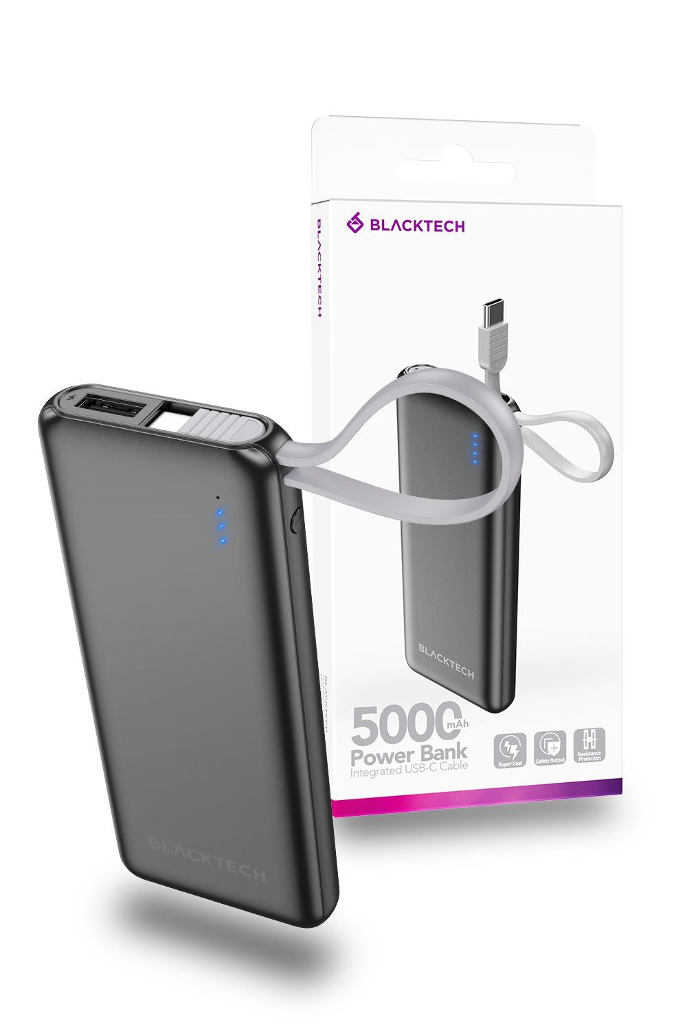 Blacktech 5000mAh Fast Charge Mini Dual Port Power Bank with USB-C Cable