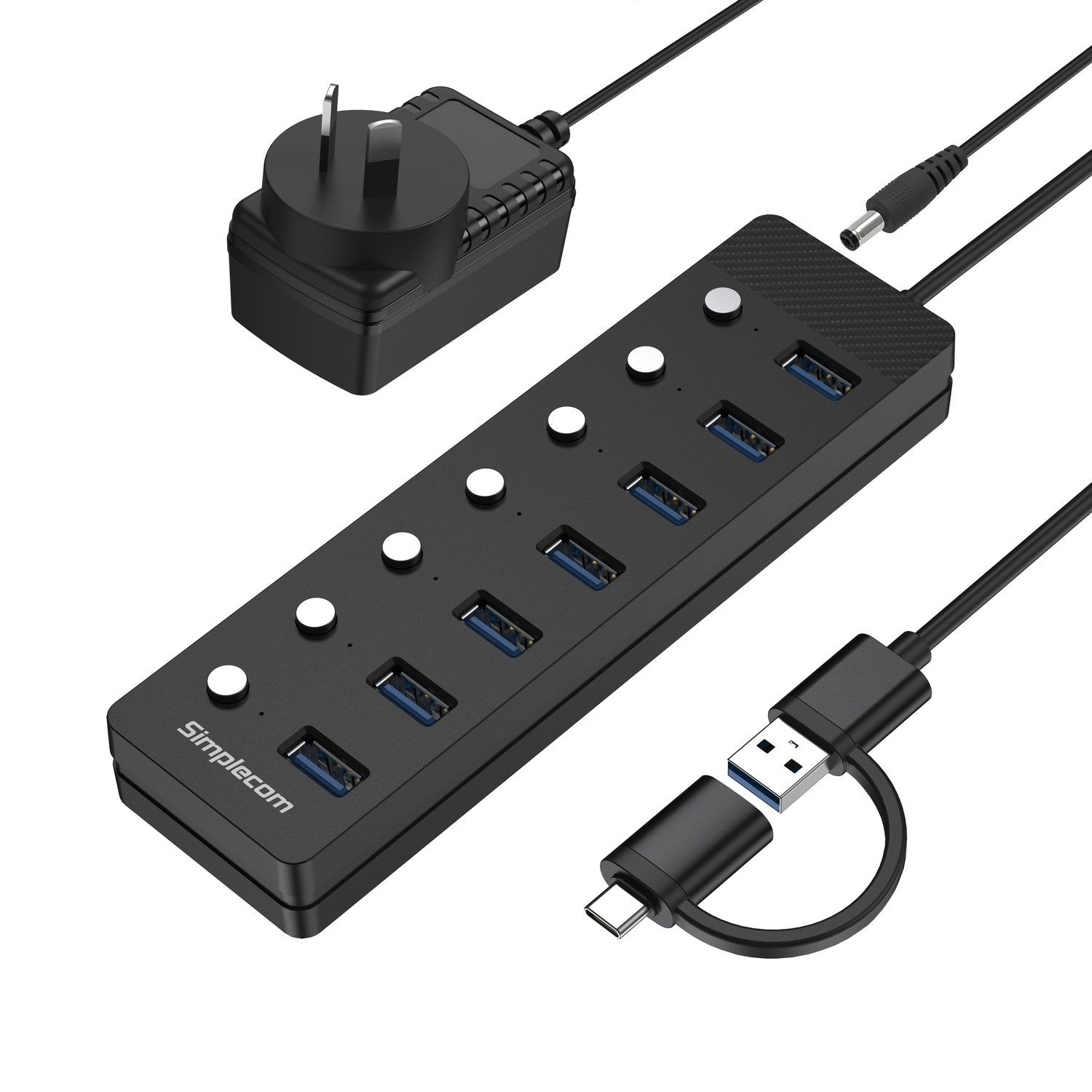 Simplecom 7-Port USB 3.0 Hub 5Gbps Individual Switches and Power Adapter