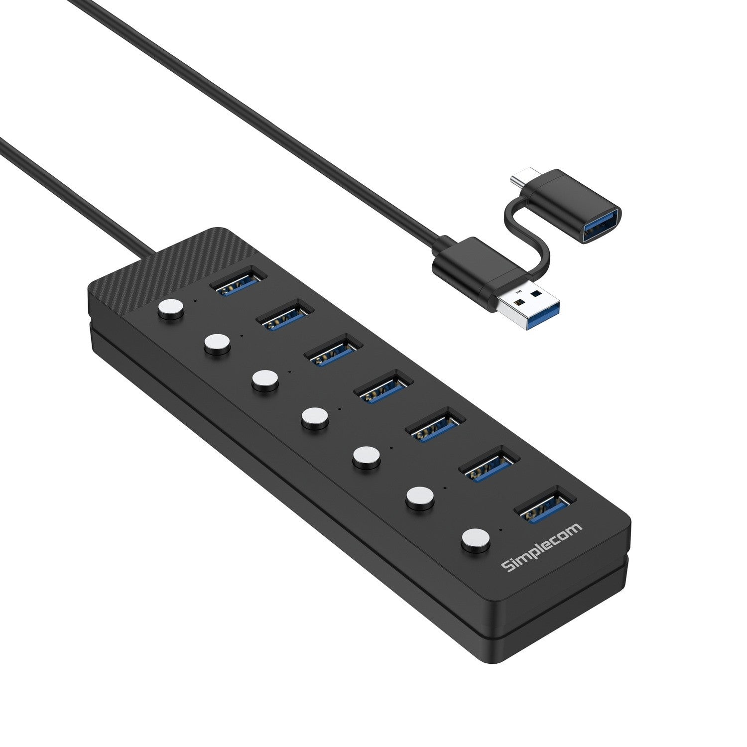 Simplecom 7-Port USB 3.0 Hub 5Gbps Individual Switches and Power Adapter