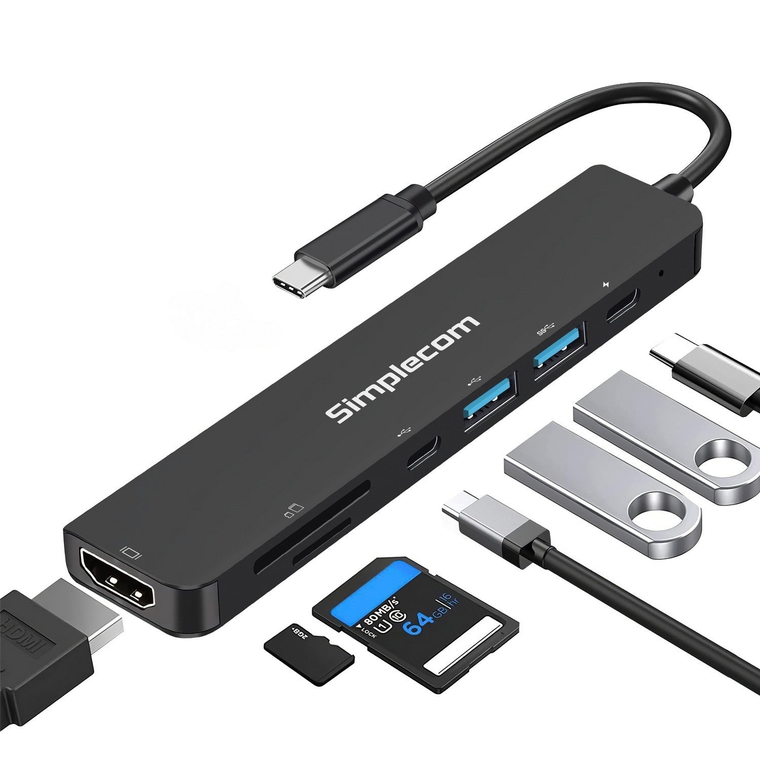 Simplecom 7 in 1 USB-C Adapter Hub USB Hub HDMI Card Reader PD