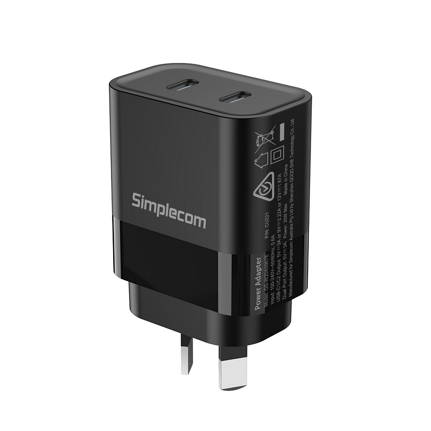 Simplecom 20W Dual Port USB-C Type-C PD Wall Charger