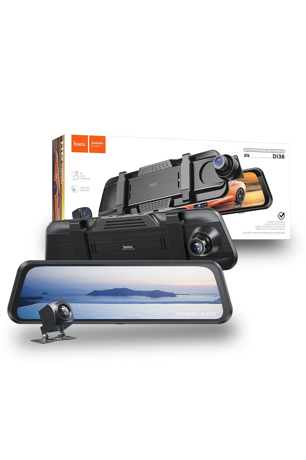 Hoco Car Camera Driving Recorder Dashcam Rearview Mirror Front + Rear DI36