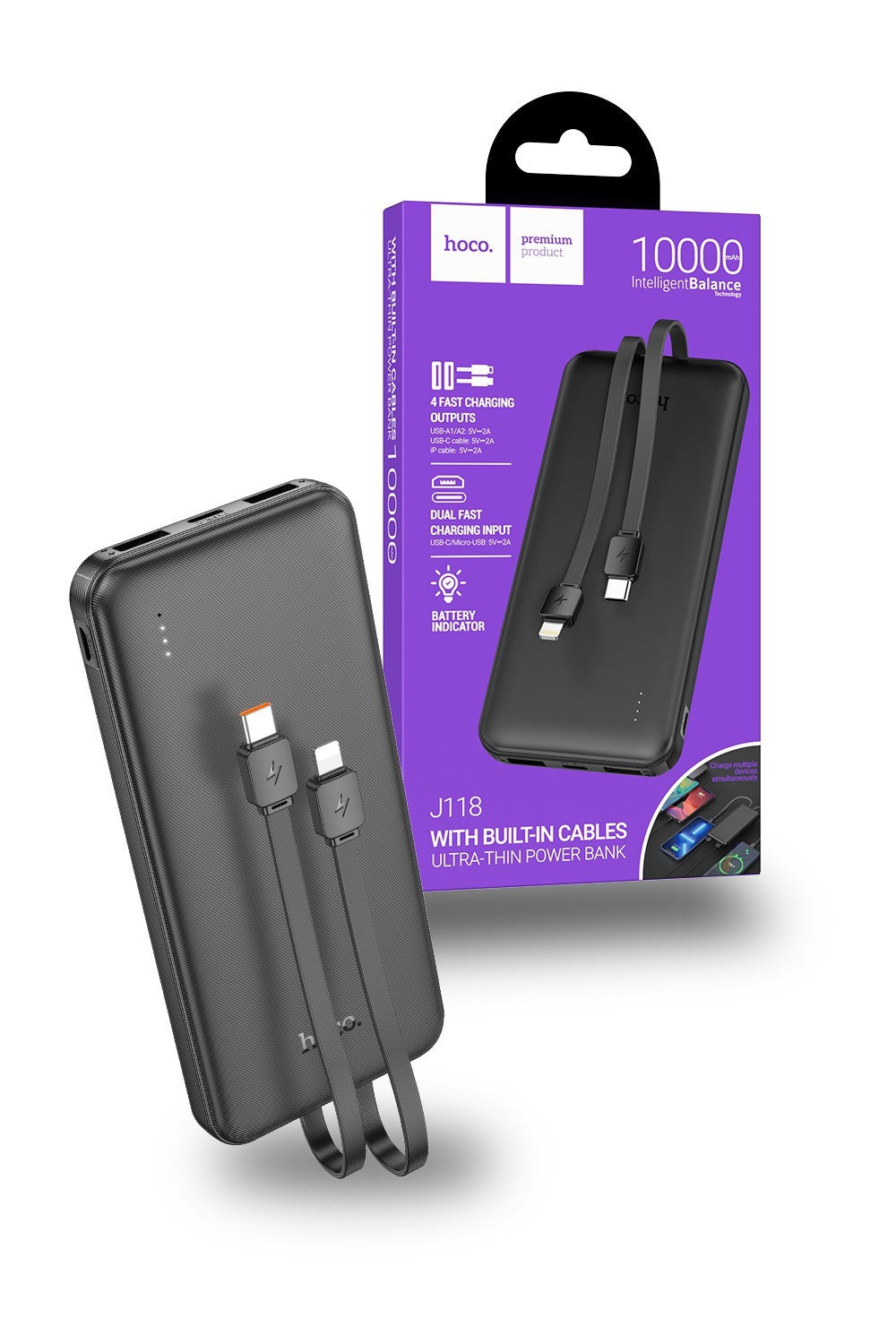 Hoco Fast Charging Portable Power Bank with USB-C Lightning Cables J118