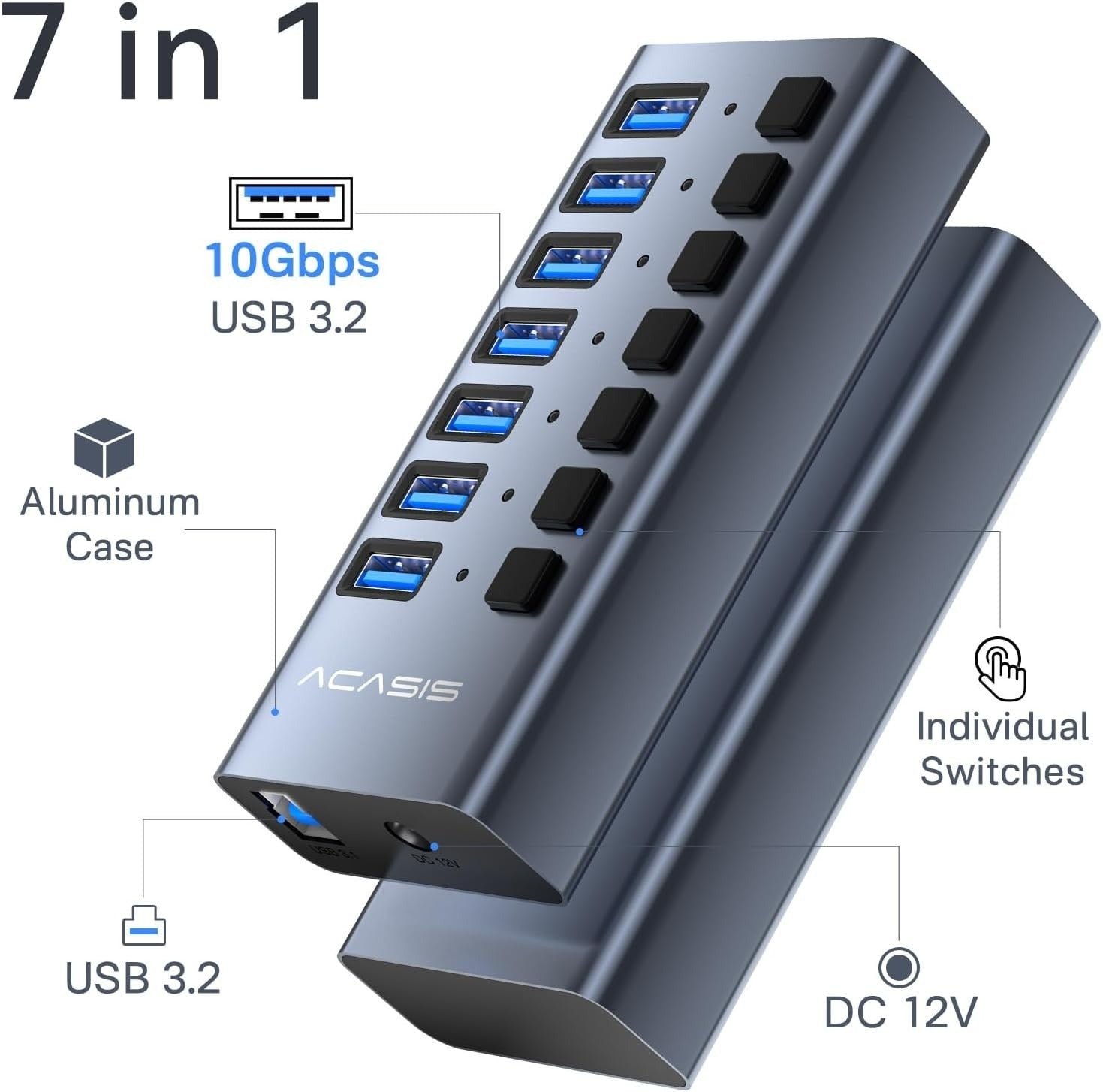 ACASIS 7 Port USB 3.2 Gen2 Powered USB Hub 10Gbps with AC Adapter for PC Laptop