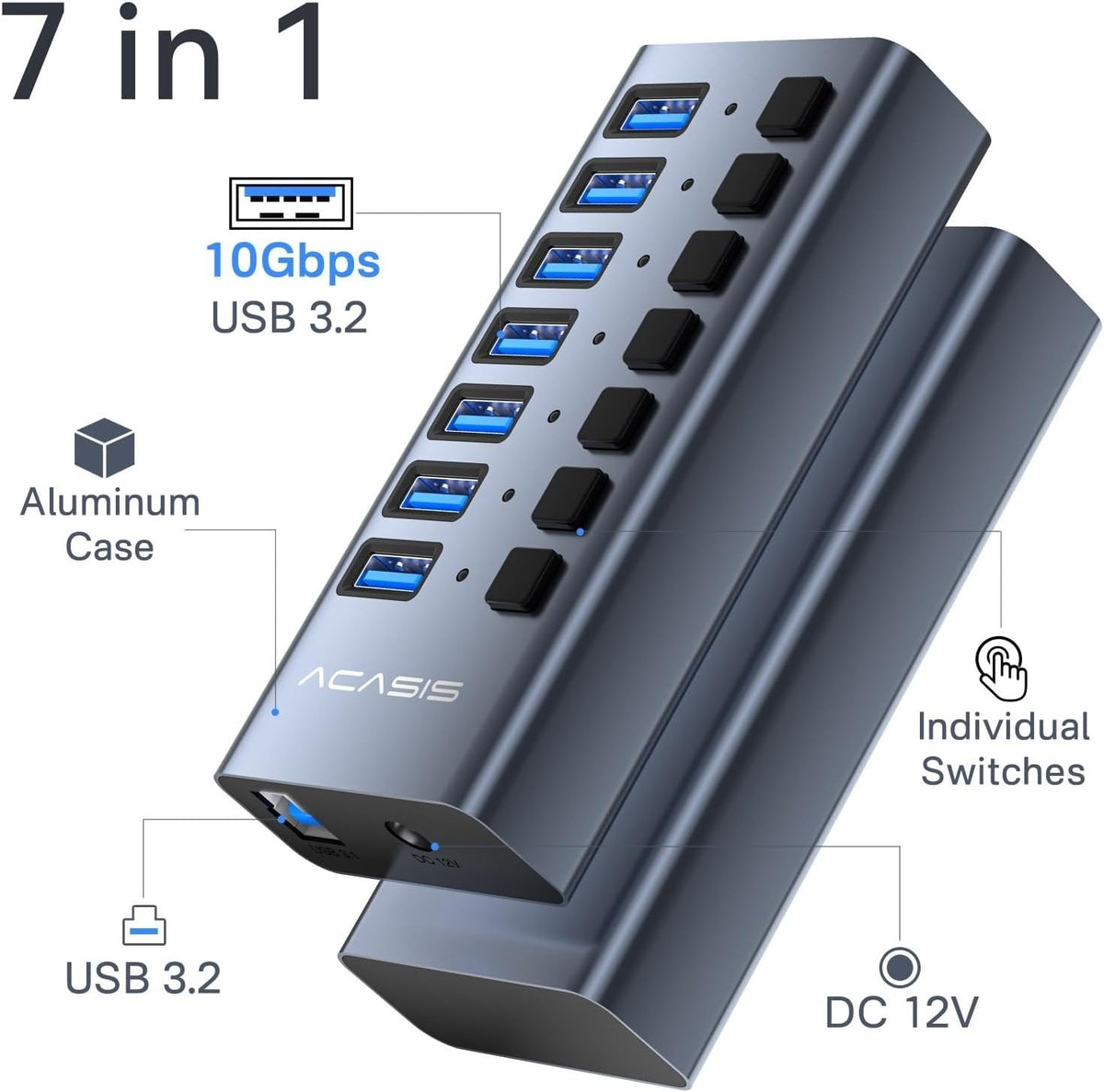 ACASIS 7 Port USB 3.2 Gen2 Powered USB Hub 10Gbps with AC Adapter for PC Laptop