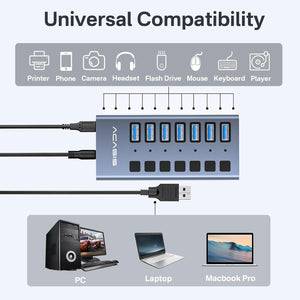 ACASIS 7 Port USB 3.2 Gen2 Powered USB Hub 10Gbps with AC Adapter for PC Laptop
