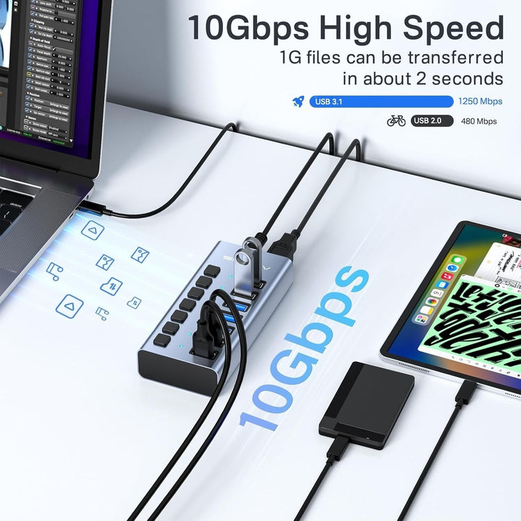 ACASIS 7 Port USB 3.2 Gen2 Powered USB Hub 10Gbps with AC Adapter for PC Laptop