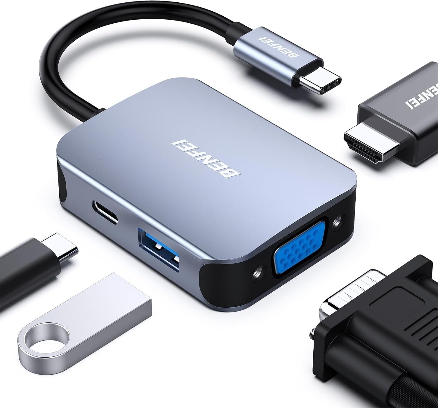 BENFEI 4-in-1 USB-C Hub with HDMI, VGA, USB 3.0, and 100W Power Delivery