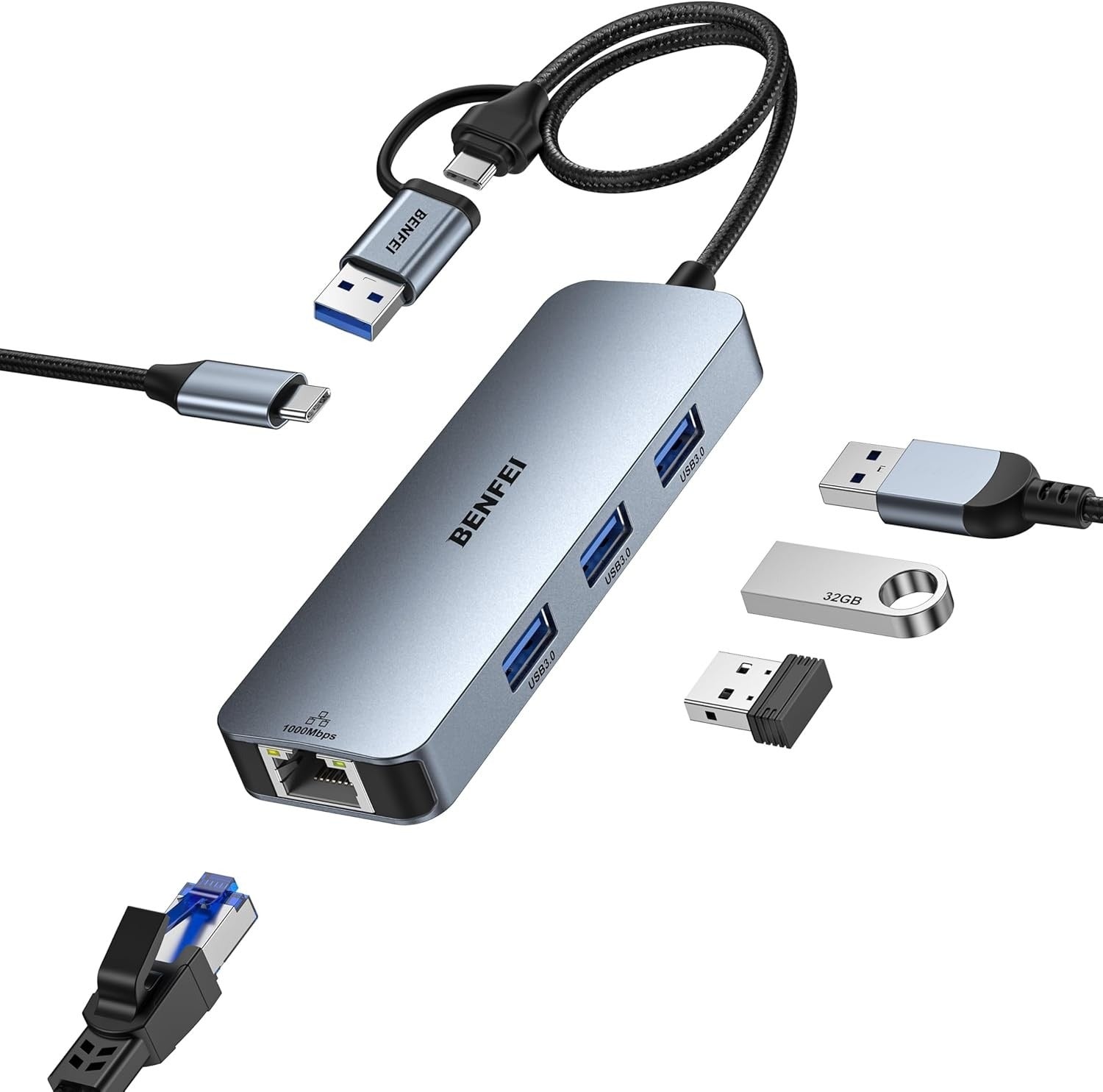 BENFEI USB-C & USB 3.0 to Gigabit RJ45 Ethernet Hub for Mac & Laptop
