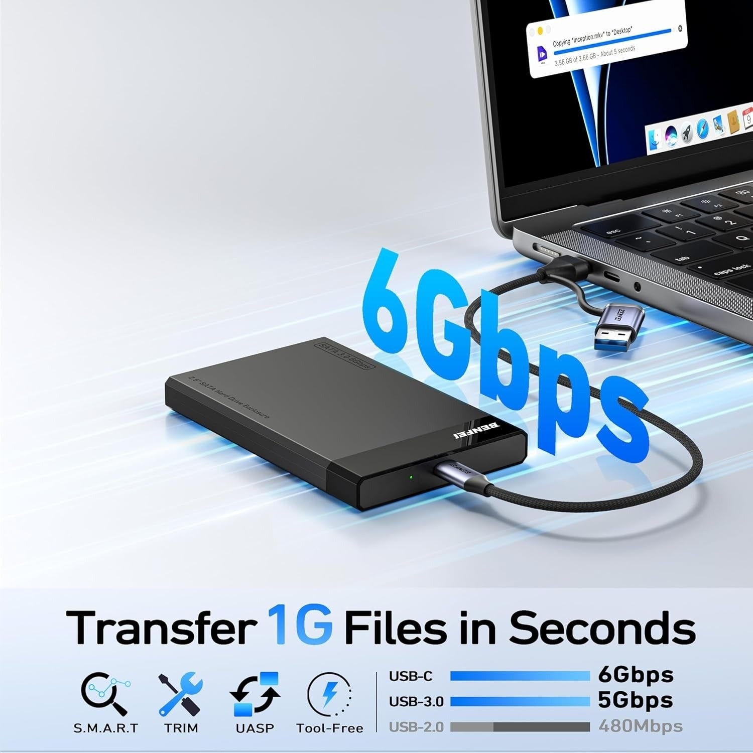 BENFEI 2.5" SATA to USB-A & USB-C Tool-Free Hard Drive Enclosure 6Gbps