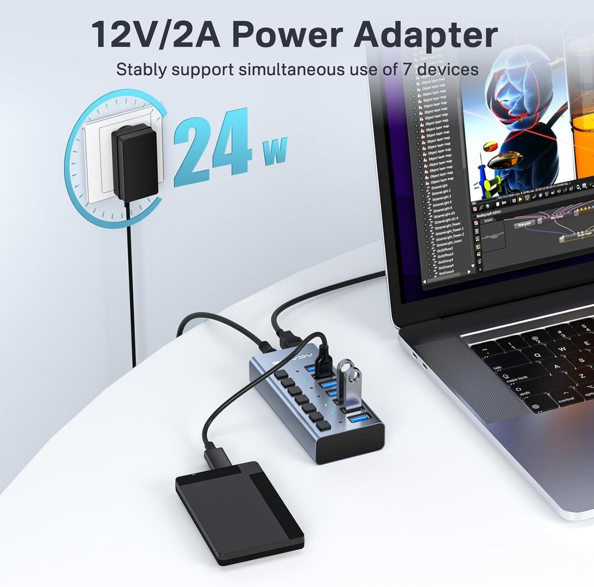 ACASIS 7 Port USB 3.2 Gen2 Powered USB Hub 10Gbps with AC Adapter for PC Laptop