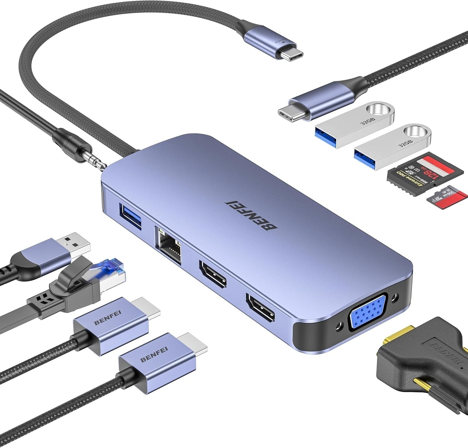 BENFEI 11-in-1 USB-C Hub Triple Display Docking Station Dual HDMI & VGA