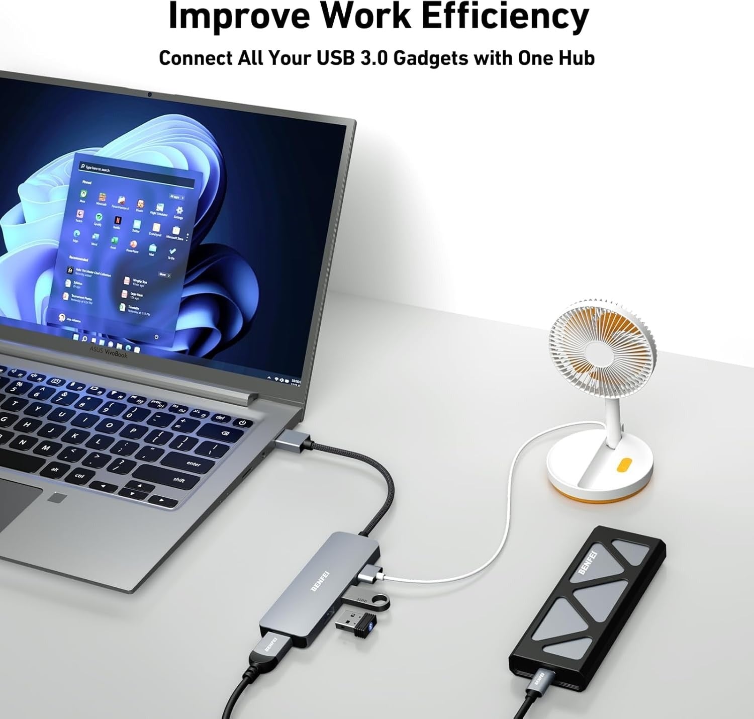 BENFEI USB 3.0 4-Port Hub Ultra-Slim Splitter for Laptop, PC & Flash Drives