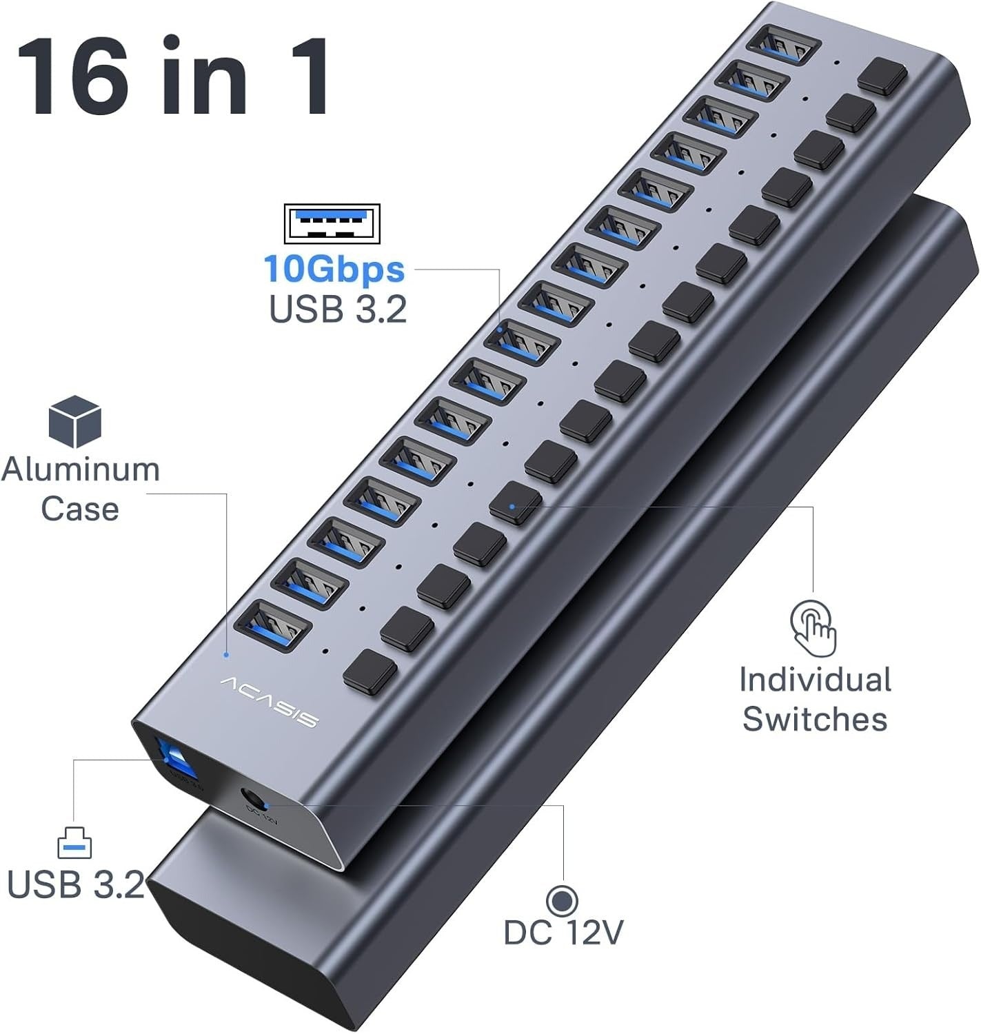 ACASIS 16 Port USB 3.2 Gen2 Powered USB-A Hub 10Gbps with On/Off Switches