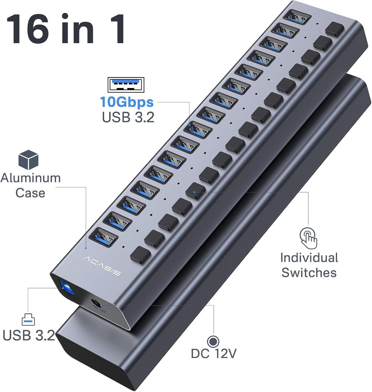 ACASIS 16 Port USB 3.2 Gen2 Powered USB-A Hub 10Gbps with On/Off Switches