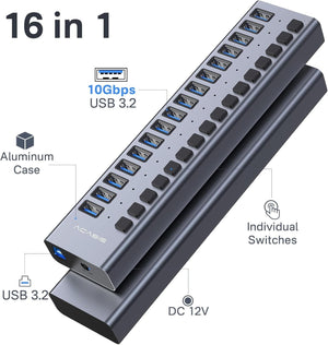 ACASIS 16 Port USB 3.2 Gen2 Powered USB-A Hub 10Gbps with On/Off Switches
