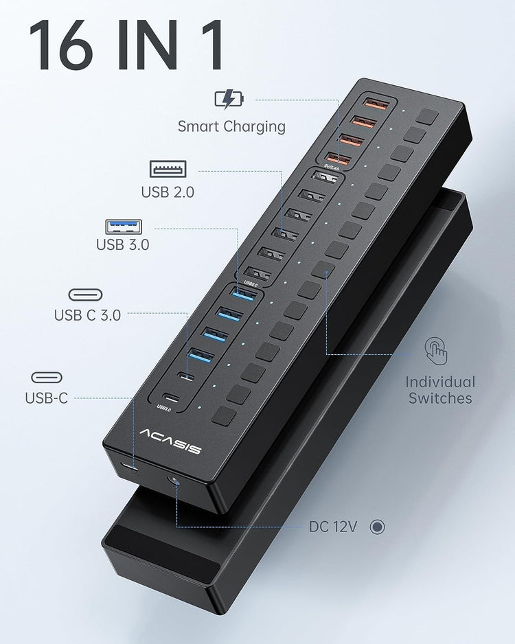 ACASIS 16 Port Powered USB Hub 5Gbps with On/Off Switches and 60W Adapter for PC Laptop
