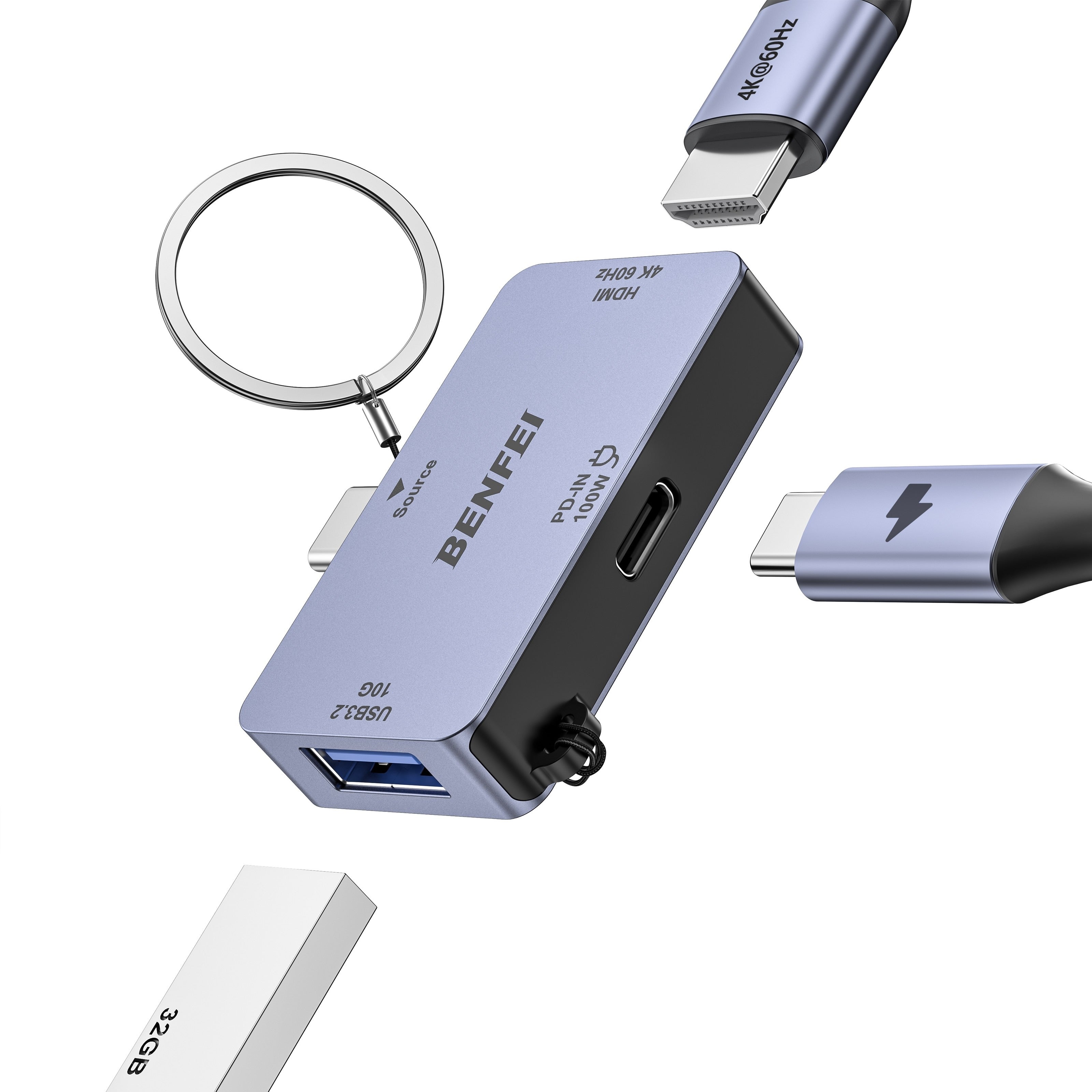 BENFEI 3-in-1 Super Compact USB-C Hub 4K 60Hz HDMI & 100W PD Charging