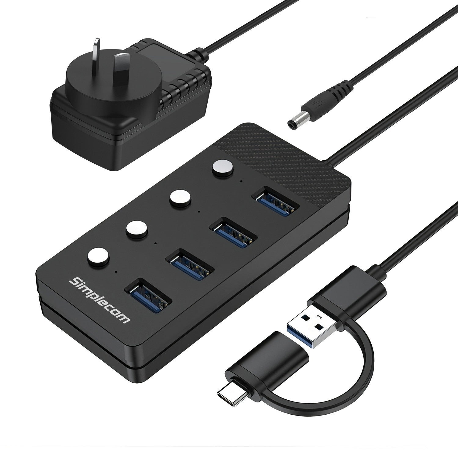 Simplecom 4 Port USB 3.0 Hub with USB-A and USB-C Power Adapter CH345C