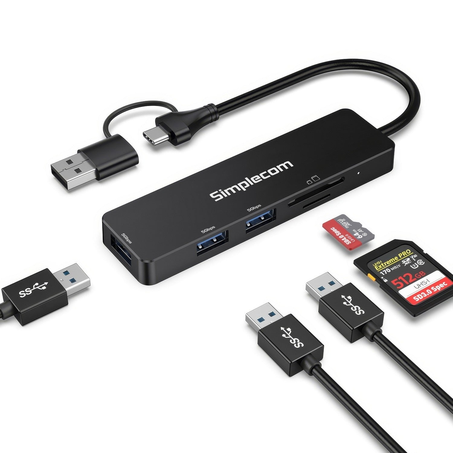 Simplecom 3 Port USB 3.0 Hub with Card Reader