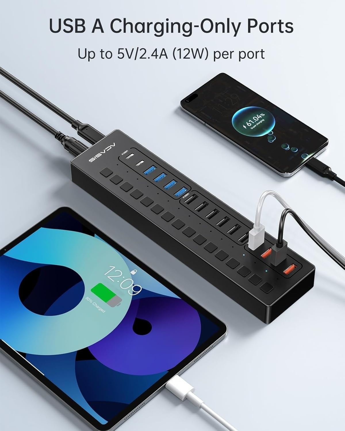 ACASIS 16 Port Powered USB Hub 5Gbps with On/Off Switches and 60W Adapter for PC Laptop