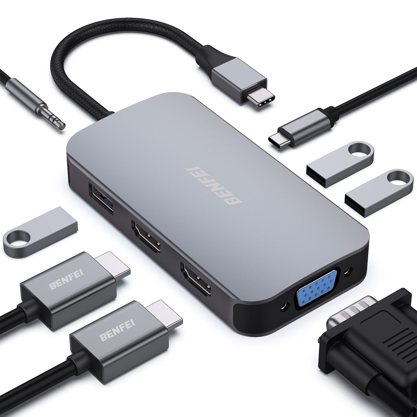 BENFEI 8-in-1 USB-C Dock Triple Display Dual HDMI & VGA, 100W PD, Audio Jack