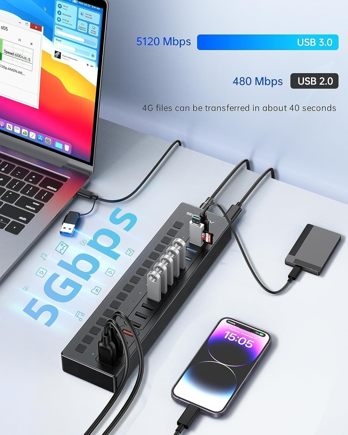 ACASIS 16 Port Powered USB Hub 5Gbps with On/Off Switches and 60W Adapter for PC Laptop