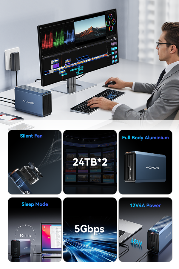 ACASIS Dual Bay RAID Hard Drive Enclosure 2.5/3.5 Inch SATA USB 3.2 5Gbps Dock