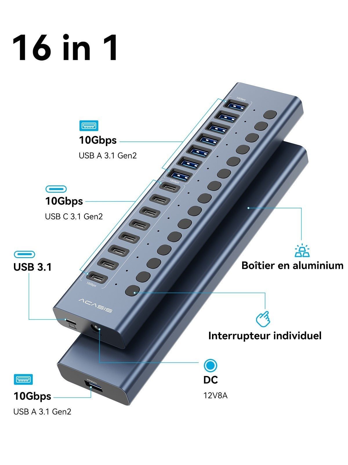 ACASIS 16 Port USB 3.2 Powered Hub 10Gbps 8 USB-A 8 USB-C for PC Laptop