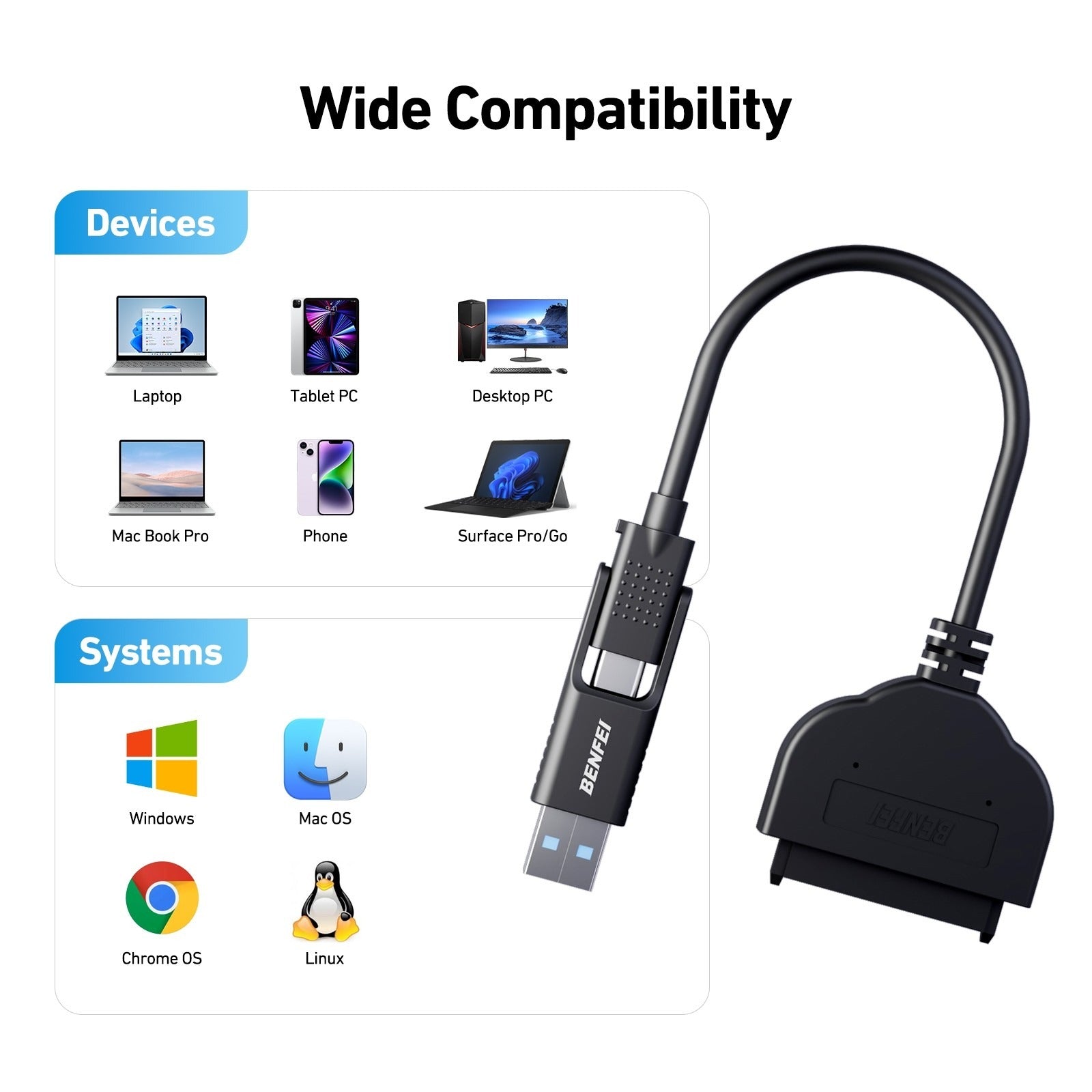 BENFEI 2-in-1 USB-C & USB 3.0 to SATA III Hard Drive Adapter with UASP for 2.5" HDD/SSD