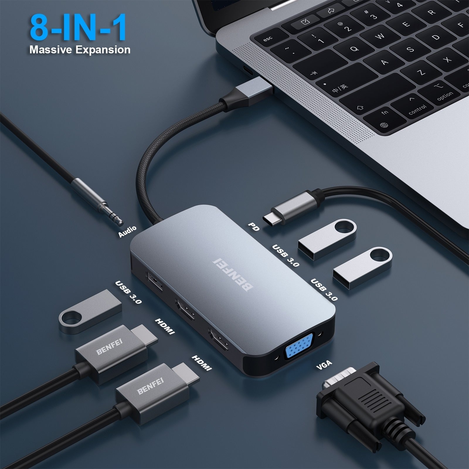 BENFEI 8-in-1 USB-C Dock Triple Display Dual HDMI & VGA, 100W PD, Audio Jack