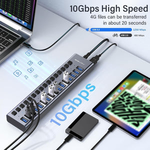 ACASIS 16 Port USB 3.2 Gen2 Powered USB-A Hub 10Gbps with On/Off Switches