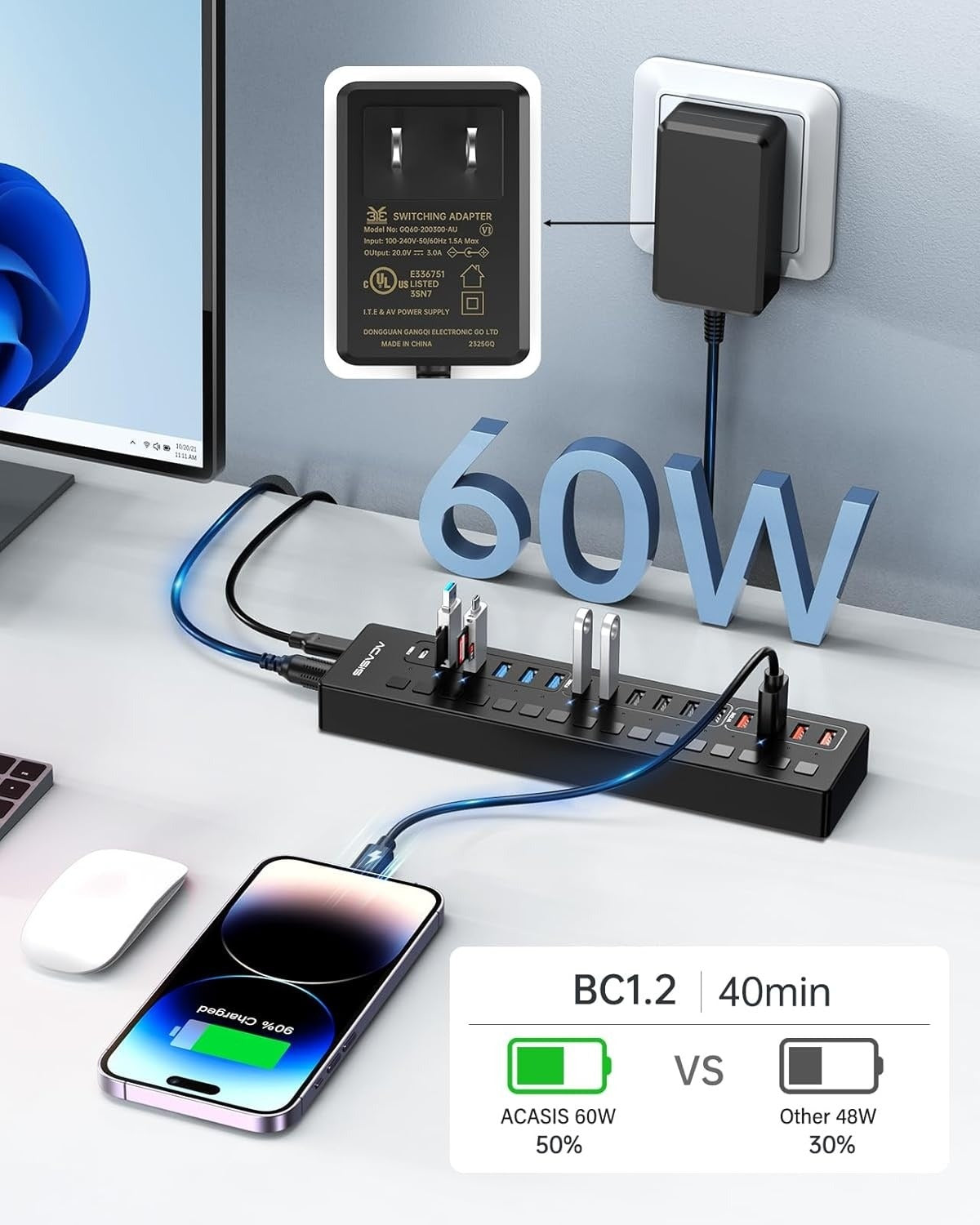 ACASIS 16 Port Powered USB Hub 5Gbps with On/Off Switches and 60W Adapter for PC Laptop