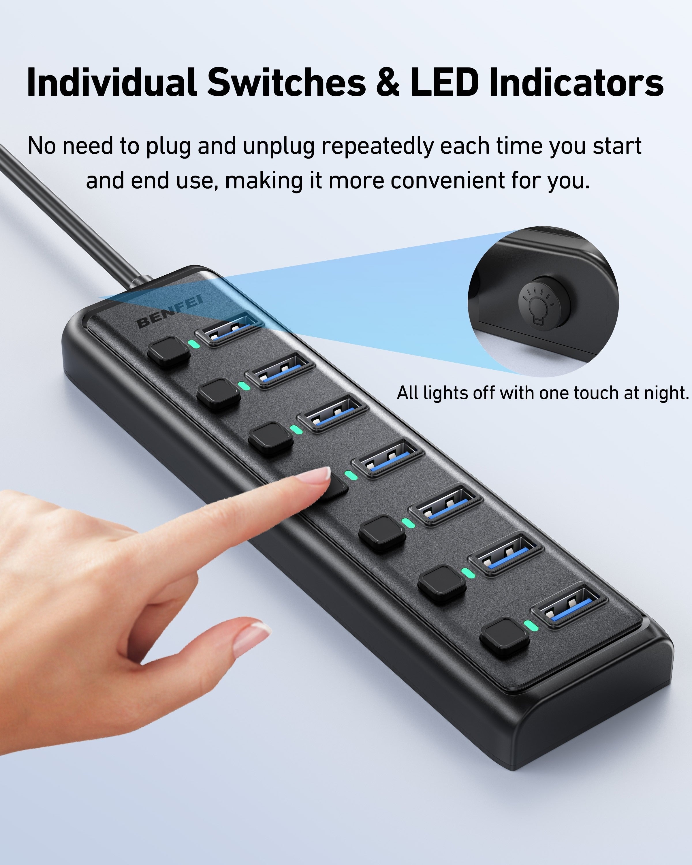 BENFEI USB 3.0 to 7-Port Powered High-Speed USB 3.0 Hub Black